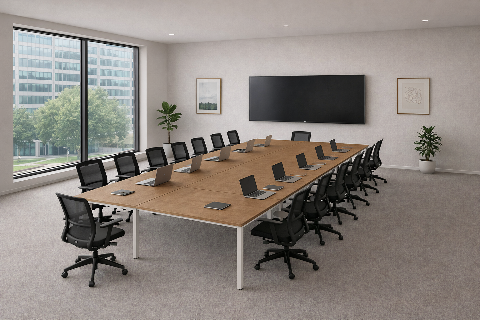 Una sala de juntas moderna con paredes de vidrio, donde hay cómodas sillas alrededor de una gran mesa. Este espacio está diseñado para fomentar la colaboración y la creatividad durante las reuniones y la toma de decisiones.