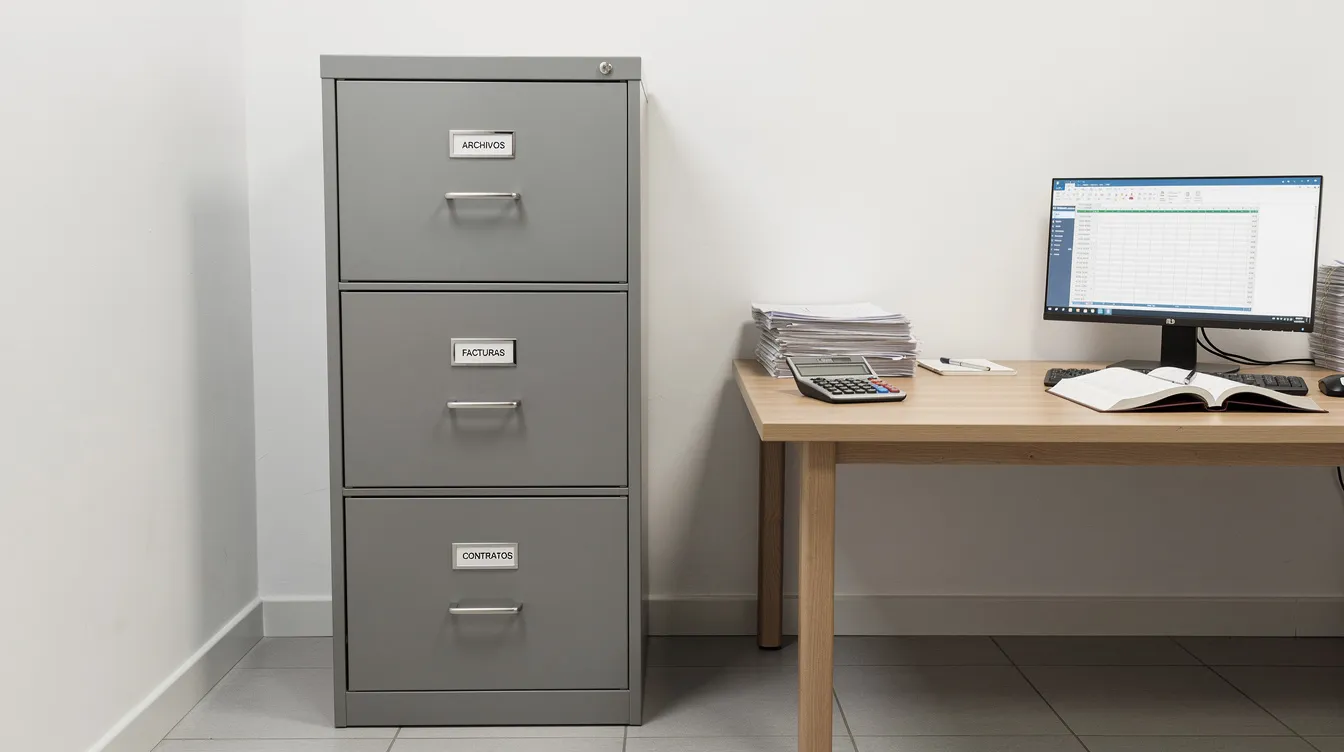 Imagen de un archivero metálico vertical de color gris, compuesto por cuatro gavetas, ubicado en una oficina de contabilidad. Este mueble está diseñado para la organización y almacenamiento seguro de documentos, contribuyendo al orden y la eficiencia en el espacio de trabajo.