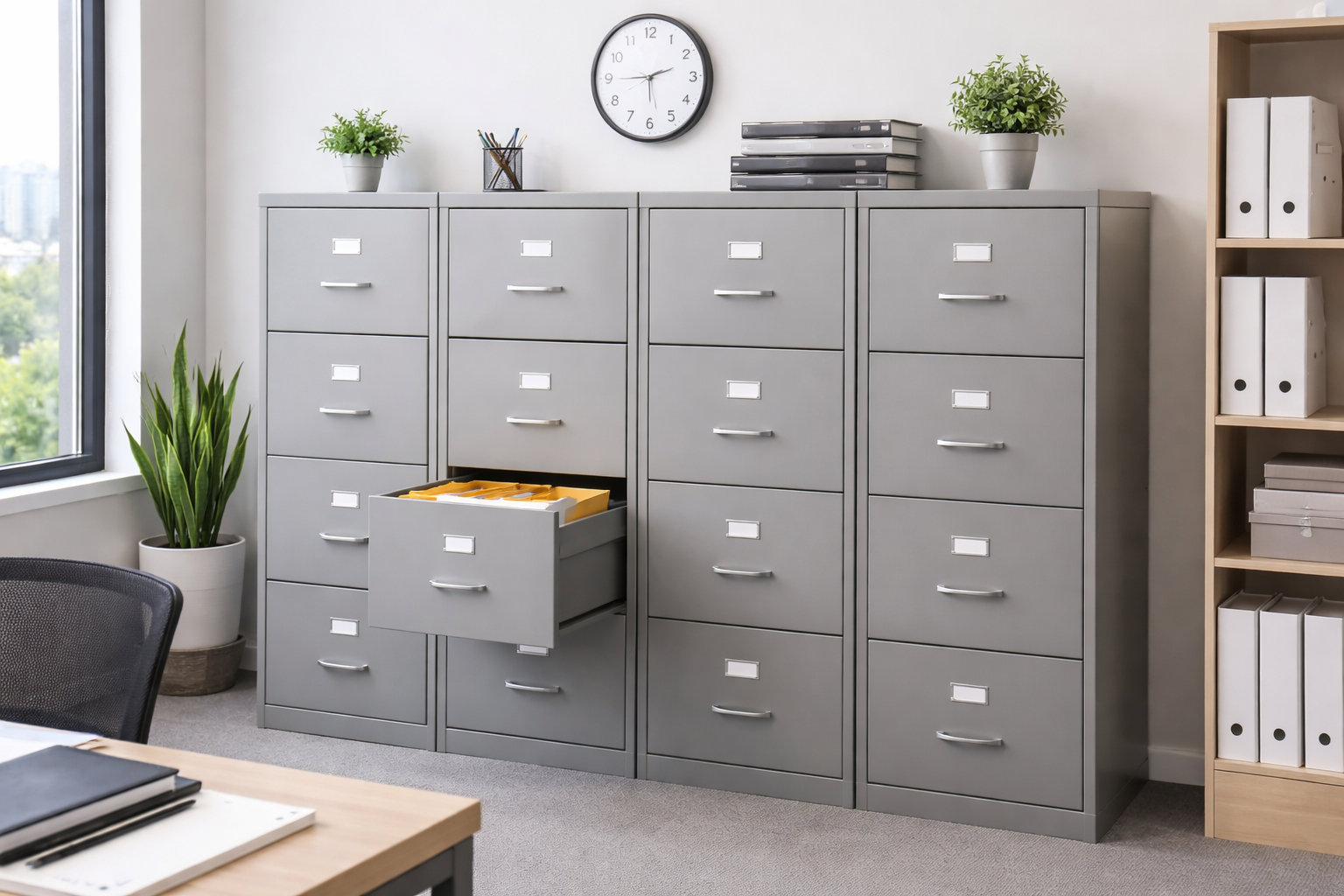 Imagen de una sala de archivo institucional, donde se pueden ver múltiples archiveros metálicos organizados en filas, cada uno con gavetas cerradas que almacenan documentos, creando un ambiente ordenado y eficiente para la gestión de información en la oficina.