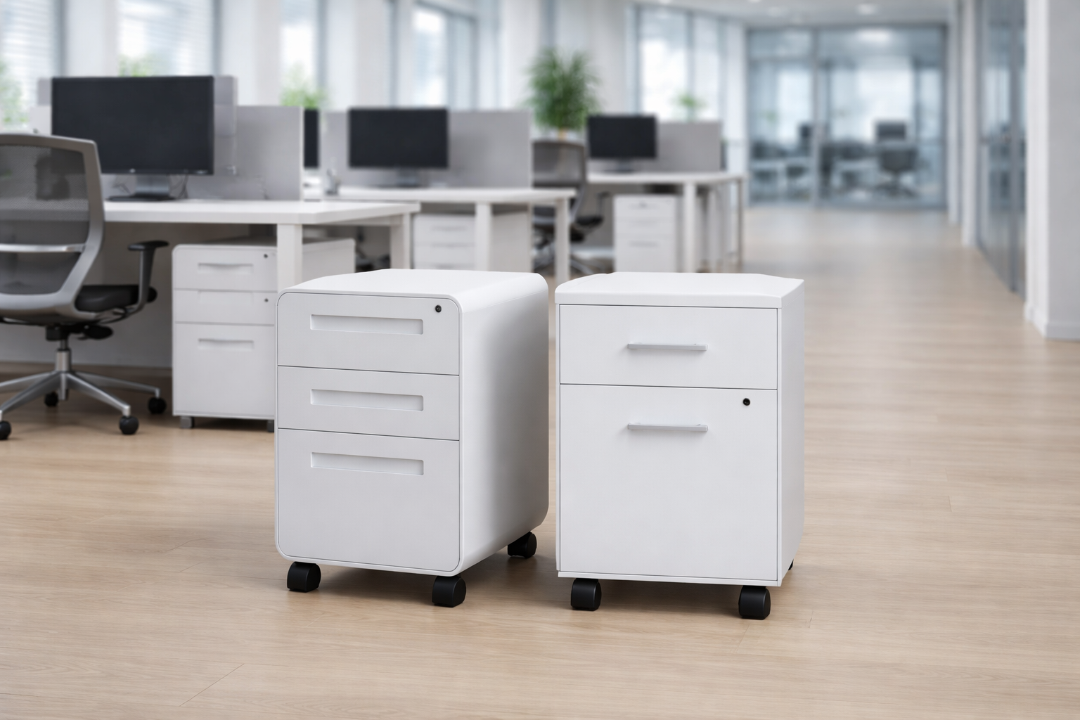 Un archivero metálico móvil con ruedas se encuentra junto a un moderno escritorio de trabajo, proporcionando un espacio eficiente para la organización de documentos y artículos de oficina. Este mueble, ideal para mantener el orden, cuenta con gavetas que facilitan el acceso y almacenamiento seguro de información.