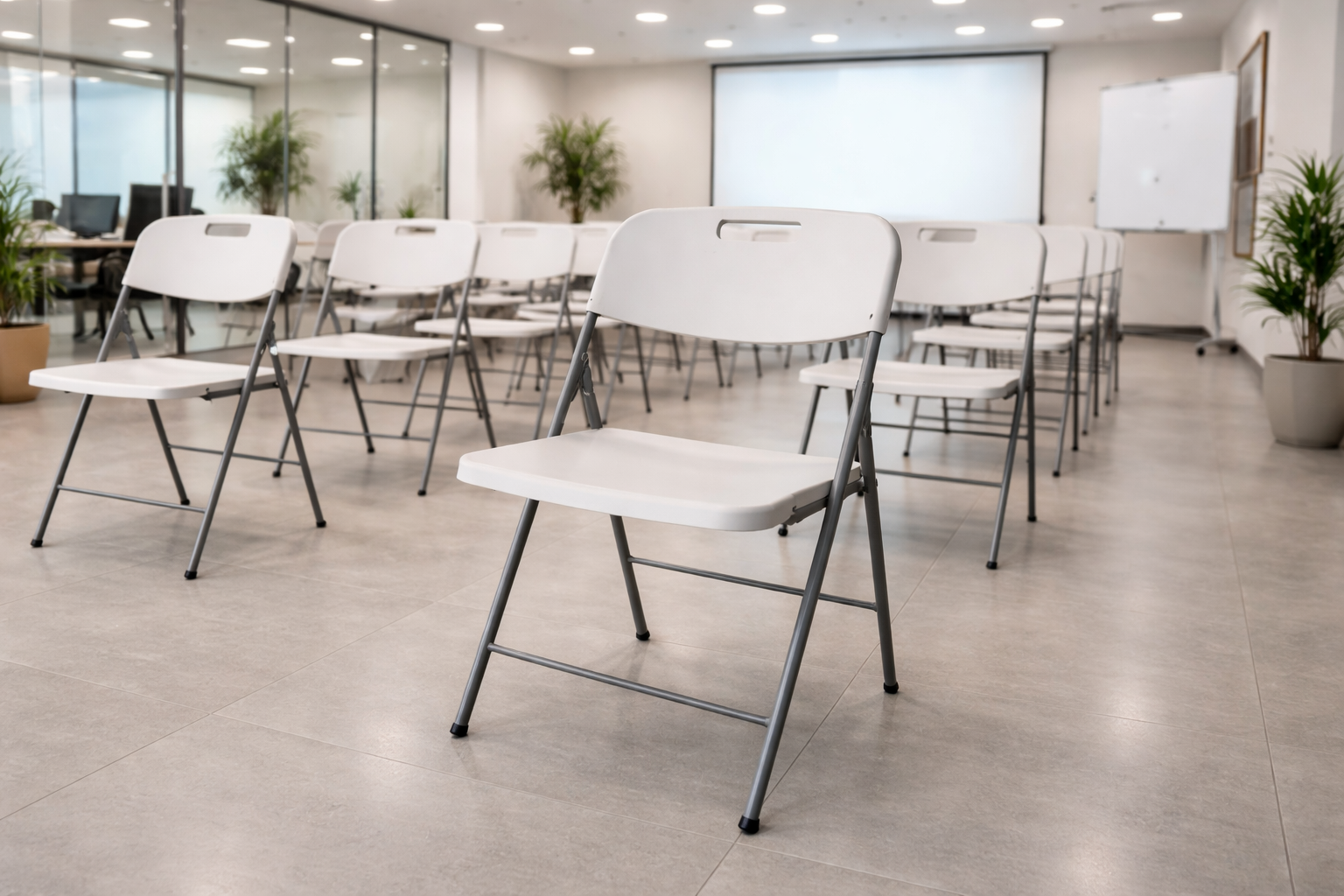 Un conjunto de sillas plegables blancas en un en una sala de conferencias, listas para recibir a los asistentes. Estas sillas, de diseño práctico y cómodo, son ideales para diferentes tipos de eventos en México.