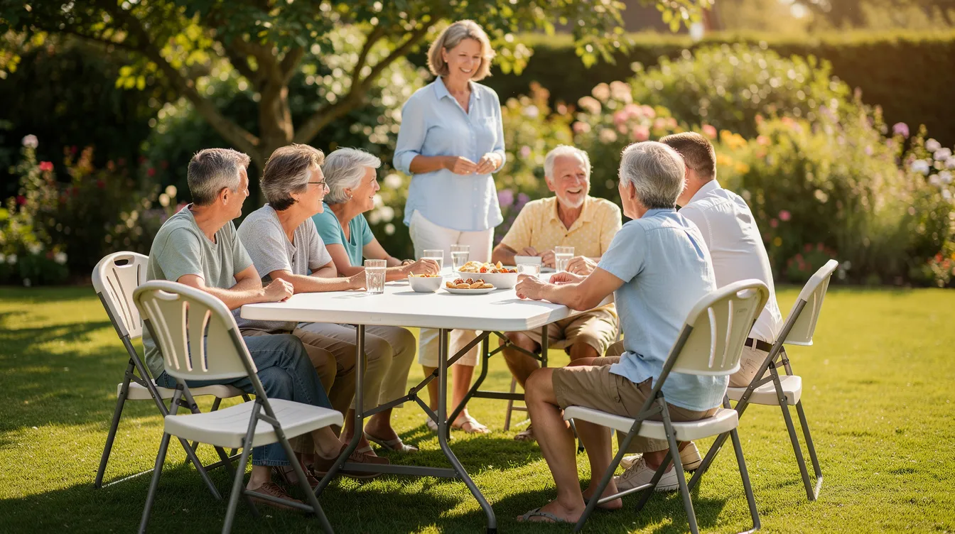 Una mesa plegable plástica rectangular está situada en un jardín, rodeada de sillas, durante una reunión familiar. El ambiente es acogedor, ideal para compartir momentos con amigos y seres queridos.