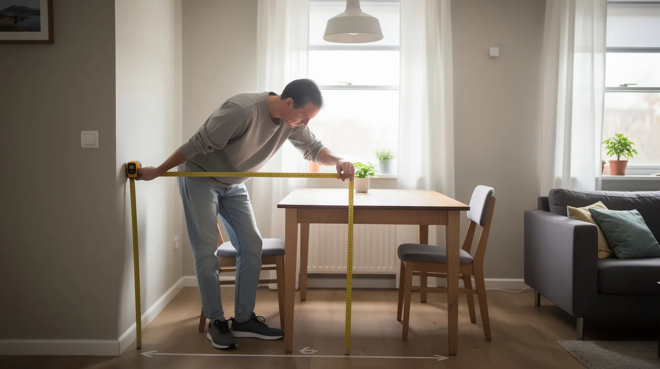 Una persona está midiendo un pequeño espacio en su comedor con una cinta métrica, preparándose para la compra de una mesa adecuada que se ajuste a sus necesidades y estilo. En el fondo se pueden ver sillas y elementos de decoración que complementan el ambiente del hogar.